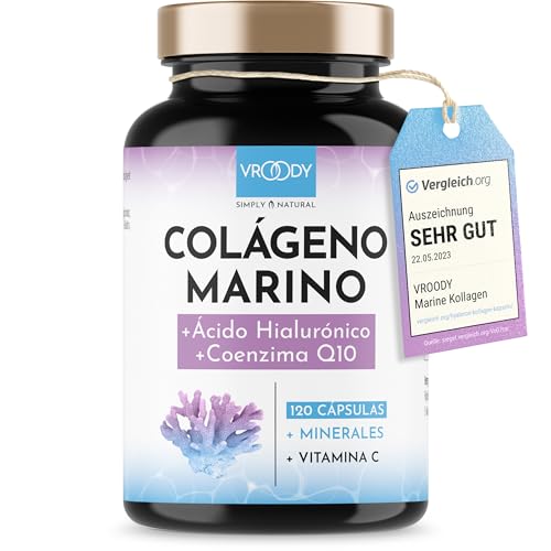 Colageno Marino Hidrolizado 1000mg alta dosis - 120 Cápsulas + Manganeso, Coenzima Q10, Zinc, Cobre, Vitaminas C y Biotina - Libre de aditivos, Fabricado en Austria por VROODY