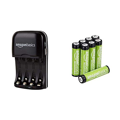 Amazon Basics - Cargador de Pilas de Ni-MH AA y AAA con Puerto USB + Pilas AAA Recargables, precargadas, Paquete de 8 (el Aspecto Puede Variar)