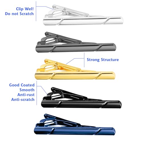 Giantree 5 Pcs Tie Clips for Men, Tie Clip, Tie Pins for Men, Stainless Steel Tie Clips for Men for Men Classic Gold Silver Black Blue Ink Black Tone Tie Bar for Wedding Anniversary Business