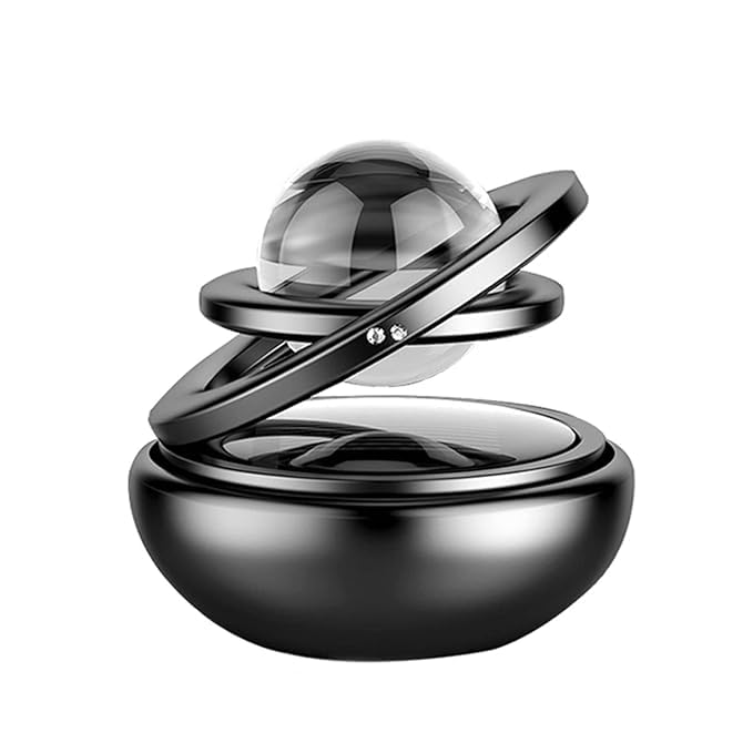 Image of Solar Crystal Double Ring Car Air Freshener, Auto Rotating Aromatherapy Diffuser, Dashboard Decoration, Solar Powered, Black