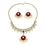 IMINI Floral Pearl Tassel Rhinestones Choker Necklace & Drop Earrings Set for Women - Trendy Antique Gold Plated Bohemian Bridal Jewellery, Traditional Indian Design for Weddings (Red)
