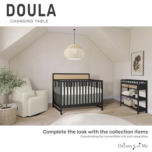Image of Dream On Me Doula Changing Table in Matte Black - BSA & GREENGUARD Gold Certified, Enclosed Dressing Area for Safety, Two Spacious Storage Shelves & A Closed Drawer, Converts to Nightstand