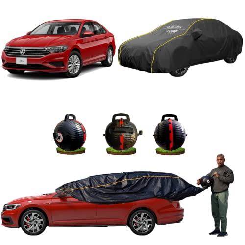 Image of CARBLAZER Portable & Semi-Automatic Full Body Car Covers: Heavy Duty Device| Anti-Theft| Dust & Scratch Proof | Water & Wind Resistant|Custom Fit| Dual-Side Cover, Compatible for Volkswagen Jetta