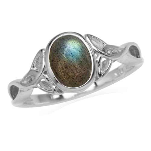 Silvershake 8X6mm Oval Shape Labradorite White Gold Plated 925 Sterling Silver Triquetra Celtic Knot Ring Size 6