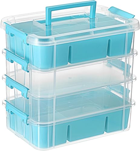 Image of plastic boxes for Storage transparent boxes for storage, Portable & Stackable Space Saving Organiser with Lid for Medicine, Jewelry, Arts & Crafts, Buttons, Beads (Blue, 4 TIER WITH 2 TRAY)