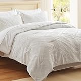 EMME White Duvet Cover Queen, Tufted Microfiber Comforter Cover Set, Textured Boho Bedding Sets for All Seasons, 3 Pieces, 1 Duvet Cover + 2 Pillowcases (White, Queen)