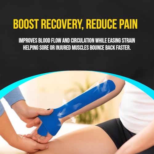 Image of PulseITSportsTape Kinesiology Tape- Waterproof & Sweatproof Sports Tape for Muscle Support, Pain Relief & Injury Recovery | Athletic Physio Tape for Knee, Shoulder, Ankle. 5cm x 5m (Plain, Blue)