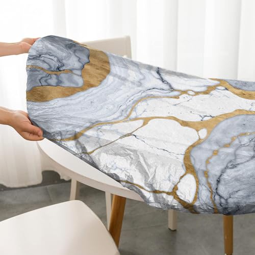 BOOWEATS Marble Grain 42 Inch Round Fitted Cloth Tablecloth with Elastic Edged, Waterproof Oil Proof Wipeable Table Cover for Indoor Outdoor Patio Table, Fits Round Tables Up to 40" - 44" Diameter by BOOWEATS - Used condition - Image 4