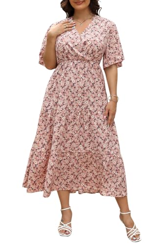 Image of Keluummi Plus Size Maxi Dress for Women V-Neck Floral Empire Waist 3 /4 Sleeve with Pockets(18 Plus, 13 - Pink Floral)