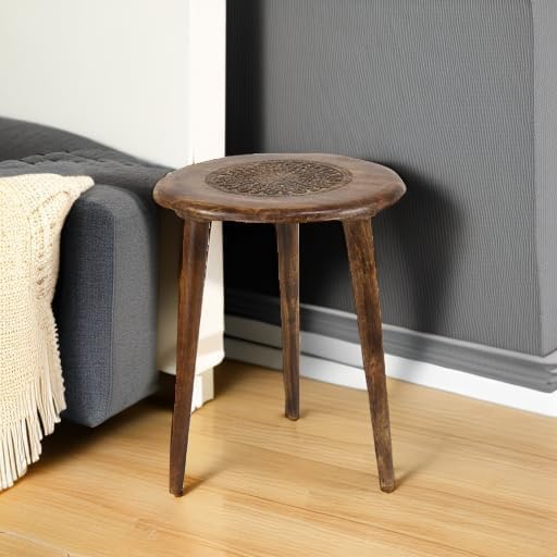 Image of WOOYNEX Wooden Table with Three Legs Modern Round Coffee Table and Side Table for Small Spaces with Pillar, Wood Books, Magazines, and Plant Stand for Living Room Entryway Table (Antic Burning)