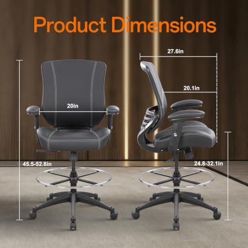 Image of BOLISS 400lbs Mid Back Premium Leather Ergonomic Drafting Chair Office for Adjustable Desk Wide Chair Built-in Lumbar Support Adjustable Foot Ring Height Adjustable Armrest (Black Leather)
