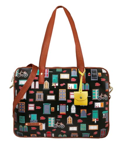Image of Funk For Hire Women's Black and Brown Printed Faux Leather 15.6 inch Laptop Handbag Sling with Waterproof Nylon Lining Cushioned Sleeve Adjustable Padded Strap Organizer