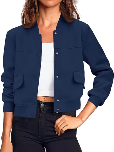 Image of Tankaneo Womens Cropped Bomber Jackets Casual Button Down Long Sleeve Stand Collar Varsity Shacket Coats