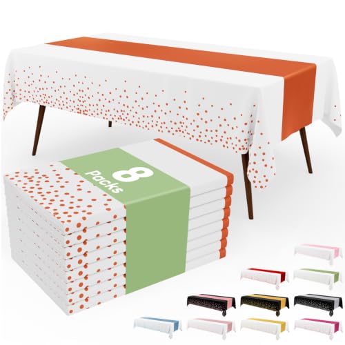 Image of Smiry Plastic Table Cloth Disposable 8 Pack, 54 x 108 Inch Rectangle Waterproof Tablecloth, Printed Gold Table Runner Style for Birthday Weeding, Party Decorations, Sturdy, White and Rust
