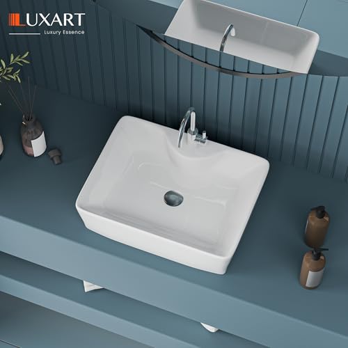 Image of LUXART Tabletop Wash Basin For Bathroom - 19 x 14 x 5 Inc Ceramic Glossy White Countertop Washbasin | Vessel Sink For Hotel, Dining Hall, Vanity | Over counter Top Washroom Sink