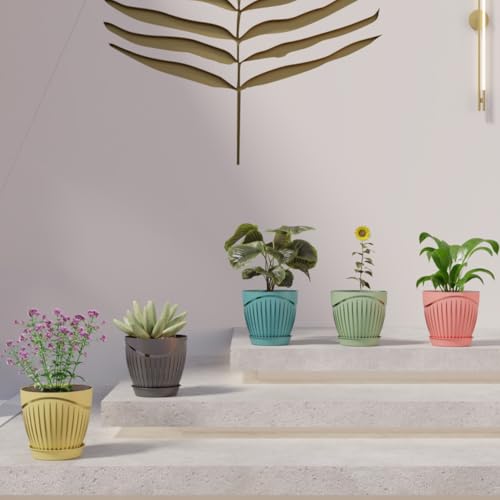 Image of ELUVIA Plastic Plant Pots with Drainage Holes and Trays - Set of 5 (6 Inch) - Minimalist Decorative Indoor Flower Pots for Living Room, Balcony & Office Garden (Multi-Color)