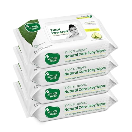 Image of Mother Sparsh Natural Care Baby Water Wipes I 100% Plant Made Fabric From Forest Land | Plant Powered Wet Wipes with Cucumber Extract For Baby I Cotton Cloth Like Bigger Sheets | 60 Pcs (Pack of 4)