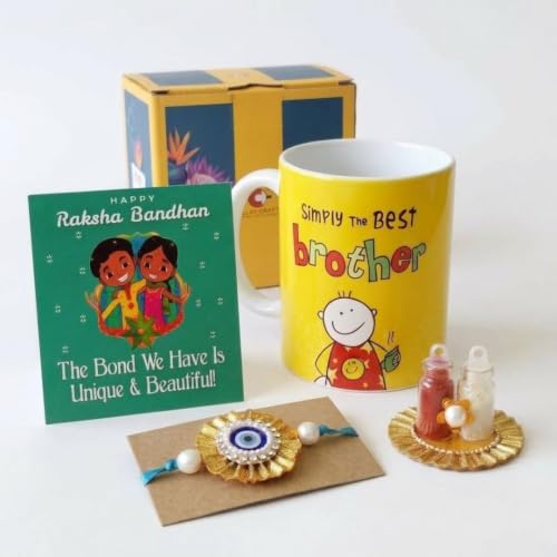 Image of Clay Craft inchSimply The Best Brother Printed Raksha bandhan Mug & Rakhi Gift Set Combo for Brother /Sister - (1 pc Mug + 1 Designer Hand-Made Rakhi + 1 Greeting Card + Cute Roli Chawal Bottles)
