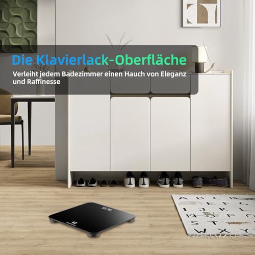 Healthkeep Personenwaage Digital mit LED-Display, Körperwaage mit Hochpräzisions-Sensoren, Präzise Digitale Waage Personen aus Sicherheitsglas bis 180kg, Schwarzes Glas Große runde Ecke 26 * 26cm