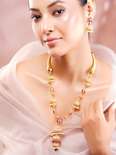 Image of Rubans Gold Plated Traditional Necklace Set with Jhumka for Women