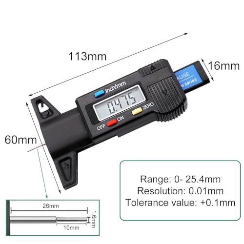 EUZUXU Digitaler Reifenprofiltiefenmesser, Reifen Profiltiefenmesser, Digital Tiefenmesser LCD Display 0-25.4mm Motorrad Messchieber, für Motorrad, Auto, LKW
