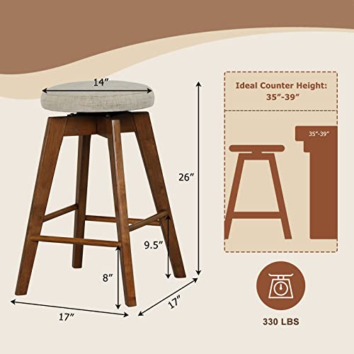 Butacos giratorios COSTWAY, juego de 2, altura de barra de 26 pulgadas sin respaldo, patas de madera de caucho, asiento de tela de lino, reposapiés, estilo moderno para isla de cocina, pub o comedor, beige + marrón miniatura 3