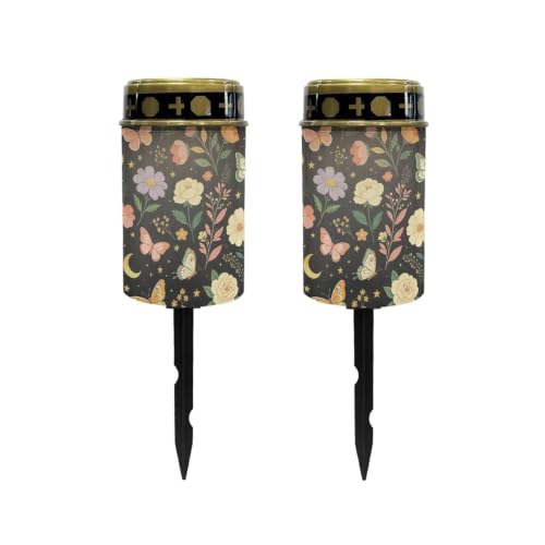 Image of Poceacles Solar Pathway Lights Outdoor Grave Solar Lights Outside Waterproof Cemetery Flameless Candles Outdoor Grave Candle Markers Eternal Decor, Butterfly Floral Print Black, Pack of 2