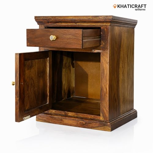 Image of Solid Sheesham Wood Nitya Bedside Table with Drawer and Door Storage for Bedroom | Wooden Nightstand Side Table for Living Room Home and Hotels | Honey Finish