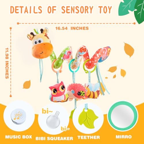 Jollybaby Crib Stroller Car Seat Toys for Baby 0-3-6-9-12 Months, Tummy Time Hanging Sensory Toys for Newborn with Music Box and Teether, Spiral Carseat Toy for Infant Boys Girls Gifts (Yellow) - 4