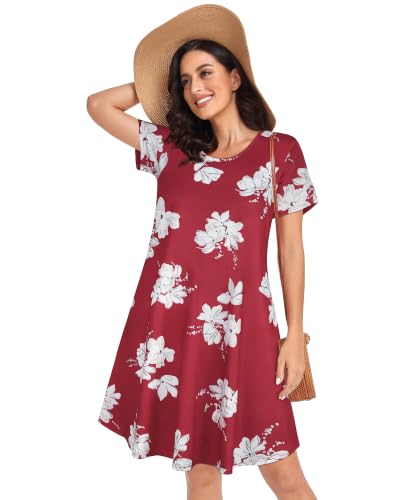 Image of Womens Summer Dresses Beach Casual Loose Tshirt Floral Short Sleeve Flowy Pockets Sundresses 2026