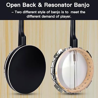 ADM Banjo 5 String Full Size Banjoes Set, 38 Inch Beginner Banjo Kit with Resonator, Remo Drum Head, Open or Closed Back, Gift Package Free Lessons Starter Accessories for Adults Teenager, Black