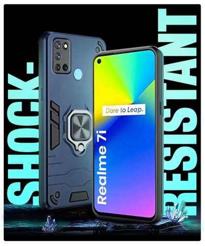 Image of WOW IMAGINE Shock Proof Back Case Mobile Cover for Realme 7i | Back Cover Case (Tough Armor | Hybrid PC + TPU | Ring Holder & in-Built Kickstand | Blue)