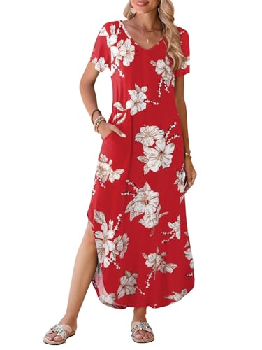 Image of BELAROI Plus Size Maxi Dress for Women Summer Casual V Neck Short Sleeve Long Dress with Pockets Beach Vacation Cover Up