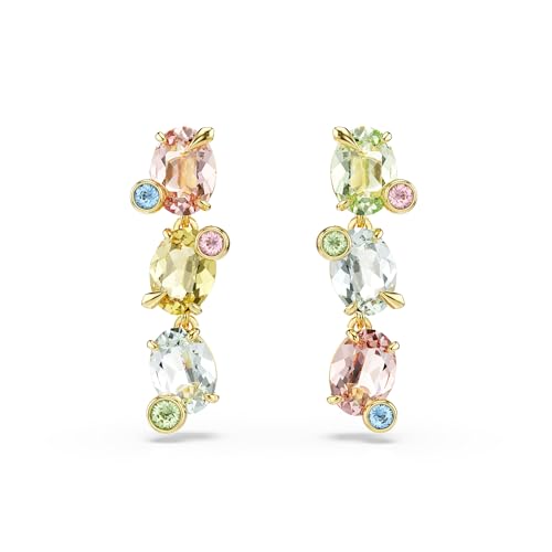 Swarovski Gema drop earrings, Asymmetrical design, Mixed cuts, Multicolored, Gold-tone finish