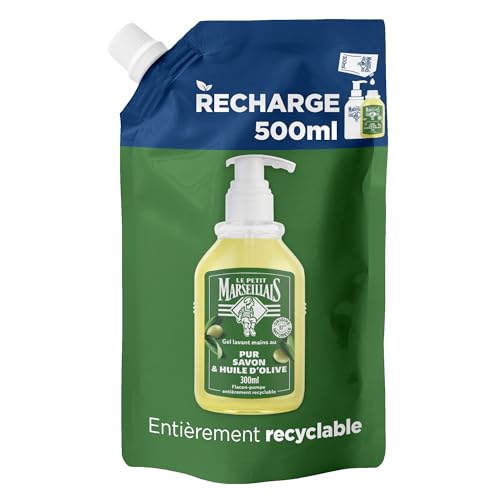 Le Petit Marseillais – Recharge Gel Lavant Mains Pur Savon & Huile d'Olive (écopack de 500 ml) – Recharge savon liquide pour flacon-pompe – Savon mains...