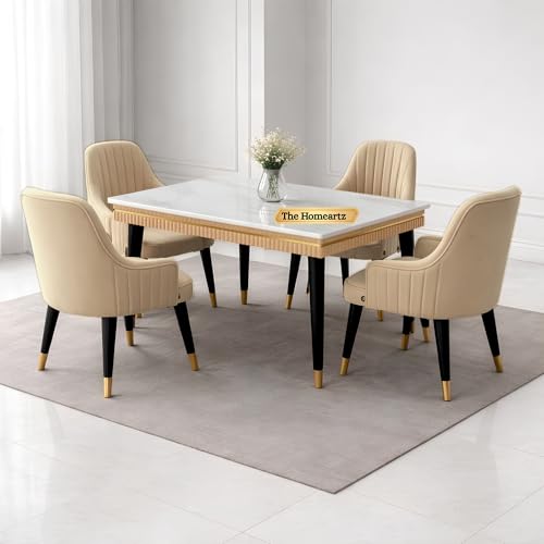 Image of Elara Modern Dining Table Set 4-Seater Wooden Dining Table Set | 1 Year Warranty | Nano Composite Marble Marble Top Table with 4 Chairs (Beige)