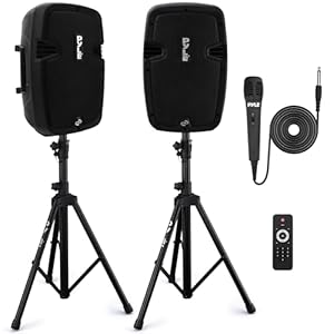 Pyle Powered PA Speaker System Active & Passive Bluetooth Loudspeakers Kit with 8 Inch Speakers, Wired Microphone, MP3/USB/SD/AUX Readers, Speaker Stands,Remote Control – Pyle PPHP849KT Black