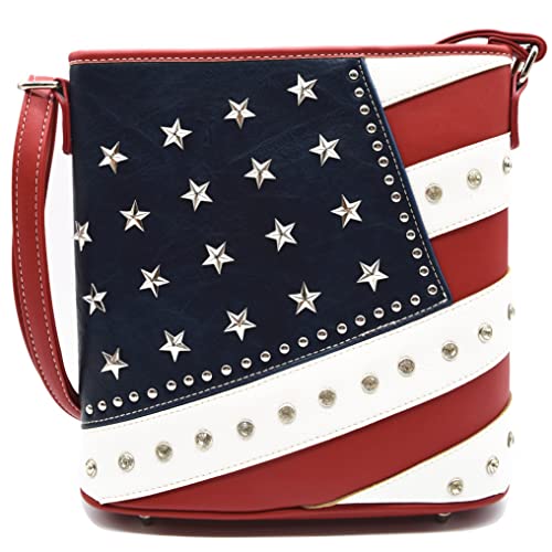 Image of WESTERN ORIGIN American Flag Stars and Stripes Studs Crossbody Handbag USA Patriotic Women Purse Leather Single Shoulder Bag