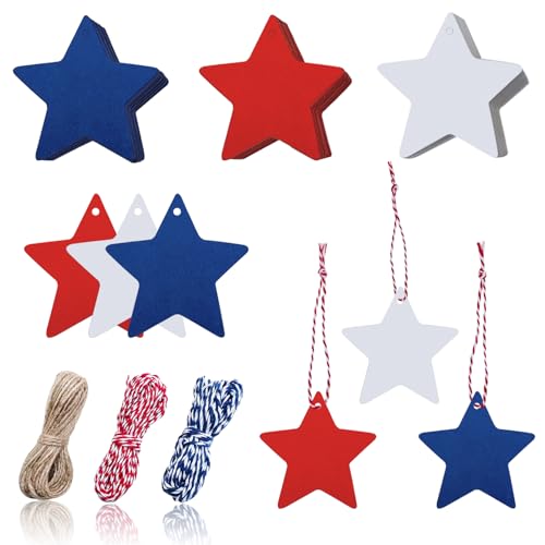 120 Pcs Star Gift Tags, Red White Navy Blue Star Shaped Paper Tags, 4th of July Patriotic Hanging Labels with String for Independence Day Birthday Party Gift Wrapping DIY Supplies
