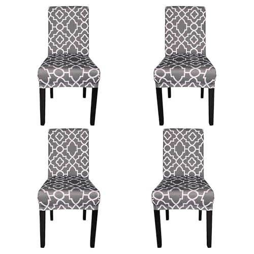 Trimming Shop Grey Short Spandex Chair Cover Abstract Trellis Pattern for Chiavari, Dining, Wedding, Banquet Chairs, Stretchable & Elasticated Removable Protective Slipcover, 4pcs