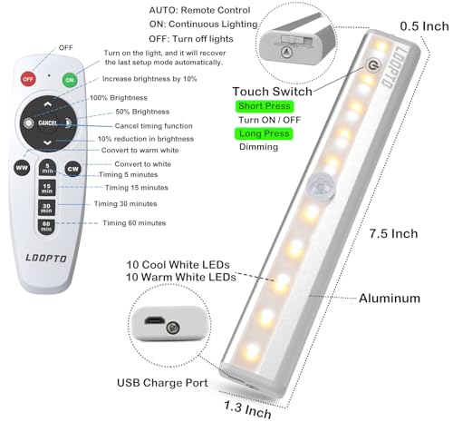 Image of LDOPTO Under Cabinet Lights Wireless 4 Pack, Rechargeable Battery Operated Lights with Remote, Dimmable Led Closet Lights, Under Counter Lights Stick-on Touch Night Light for Kitchen, 3 Colors