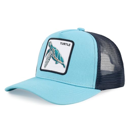 Trucker Hat Animal-Themed Baseball Cap with Polycotton Sweatband & Embroidered Patch Color Clash Design (Turtle Blue & Black)