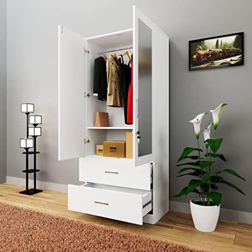 VIKI Wardrobe | Wooden Almirah for Clothes,Door for Bedroom, 2 Door Wardrobe with Drawer, Mirror & Hanging Space (Frosty White - 40D x 80W x 180H) | 1 Year Warranty | Free Assembly