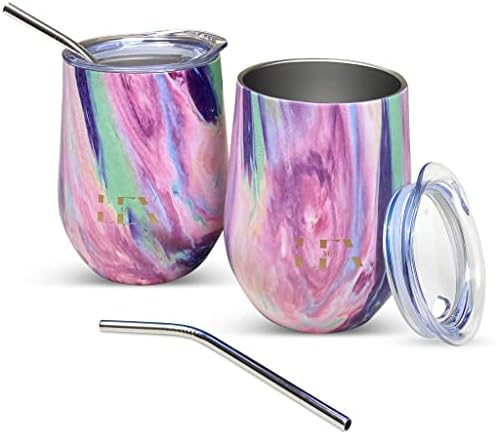 LEX 365 2 PACK Insulated Stainless Steel Coffee & Wine Tumbler Set with Lid and Straw - 12oz Stemless Wine Glass, Thermal Cup, Modern Colored Wine Glasses & Cute Coffee Tumblers with Lids.
