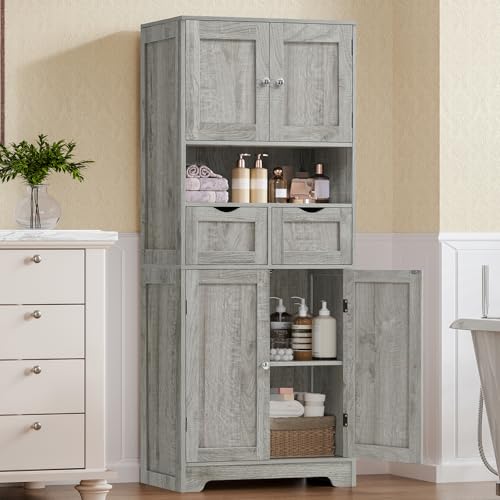Image of TEENFON 57.8 inch H Tall Storage Cabinet with 2 Drawers & 2 Adjustable Shelves, Bathroom Storage Cabinet with 4 Doors, Floor Cupboard, for Living Room, Dining Room, Entryway, Woodgrain Gray