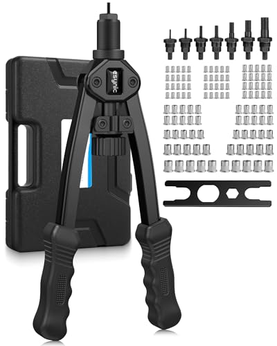 eSynic Hand Rivnut Tool Kit 13'' Heavy Duty RIV Nut Gun Set Nut Riveter with 100Pcs Threaded Rivet Nuts M3 M4 M5 M6 M8 M10 M12, 7 Interchangeable Mandrel,Carrying Case for Auto Repair,Metal Work etc