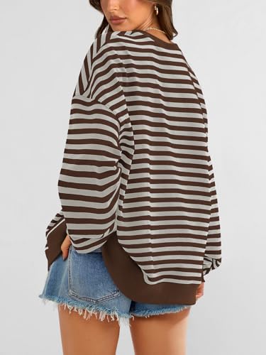 Image of PRETTYGARDEN Womens Striped Oversized Sweatshirt Color Block Crew Neck Long Sleeve Casual Loose Pullover Top Y2K Clothes