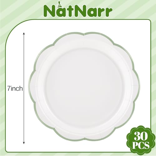 Image of NatNarr 30 Pcs Sage Green and White Paper Plates, 7 Inch White Plates with Sage Green Trim Scalloped Paper Plate Disposable for Baby Shower, Wedding, Bridal Shower, Birthday