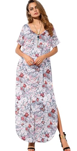 Image of GRECERELLE Women's Summer Maxi Dress Casual Loose V Neck Short Sleeve Side Split Long Dresses with Functional Pockets