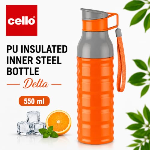 Image of CELLO Puro Steel-X Delta 600 PU Insulated Water Bottle for Office 550 ml Orange | Wide Mouth Easy to Carry with Strap Leak Proof Flip Top Lid Inner Steel Water Bottle for School Kids, College & Travel